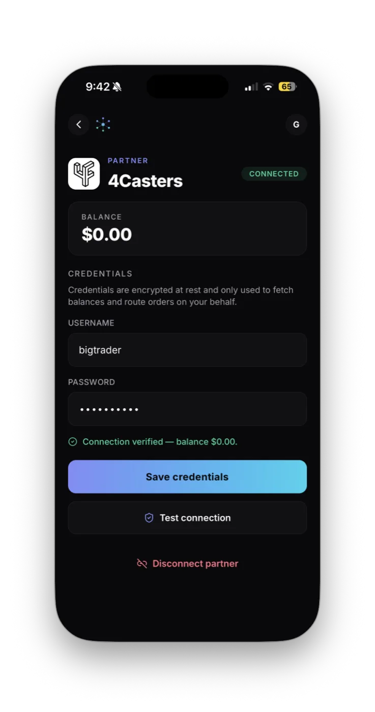 4Casters connect form in OpenMarkets with Username and Password fields