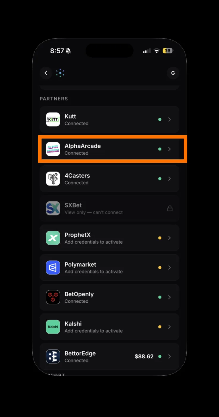 AlphaArcade row in the partners list