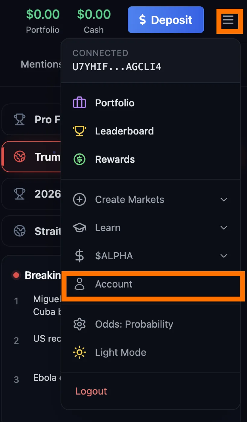 AlphaArcade menu opened with Account visible