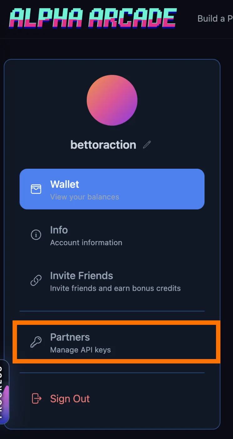 AlphaArcade Account page with Partners (Manage API keys) option