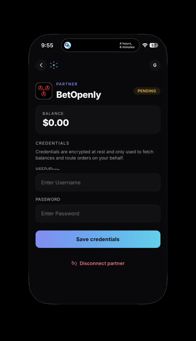 BetOpenly sign-in form in OpenMarkets with Username and Password fields