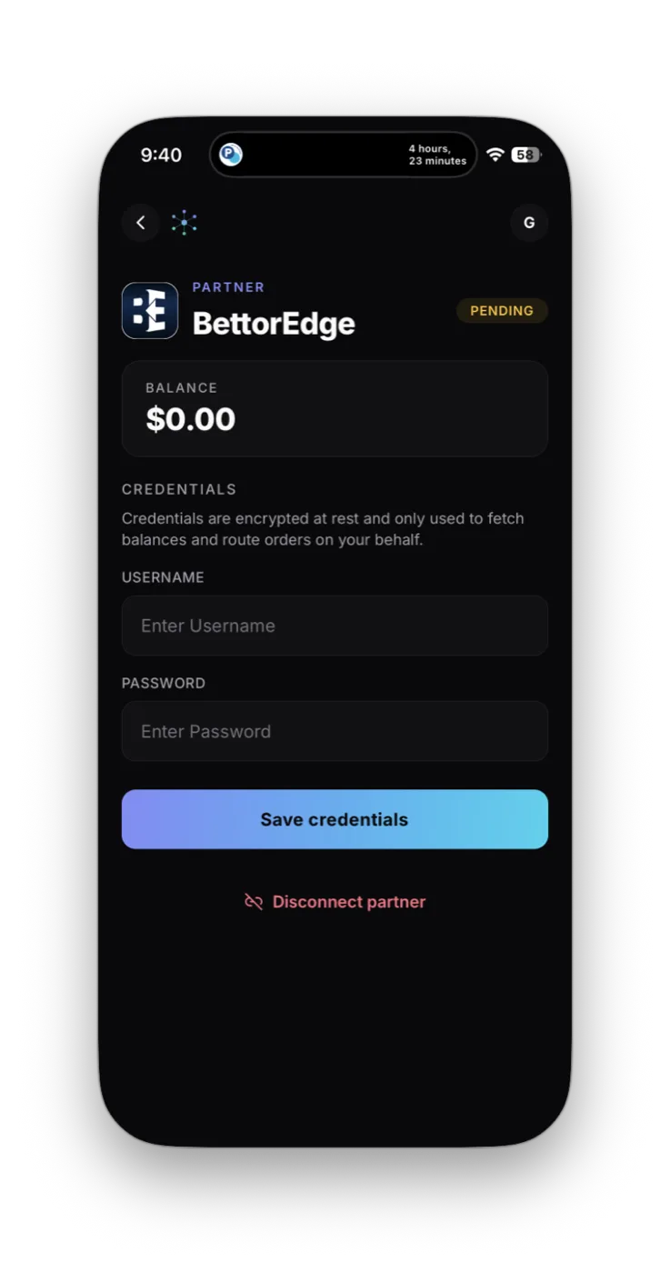 BettorEdge connect form with empty fields