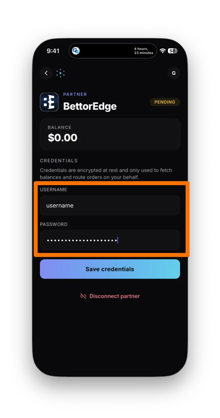 BettorEdge sign-in form in OpenMarkets