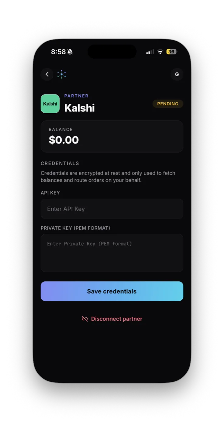 Kalshi connect form in OpenMarkets showing empty API Key and Private Key fields
