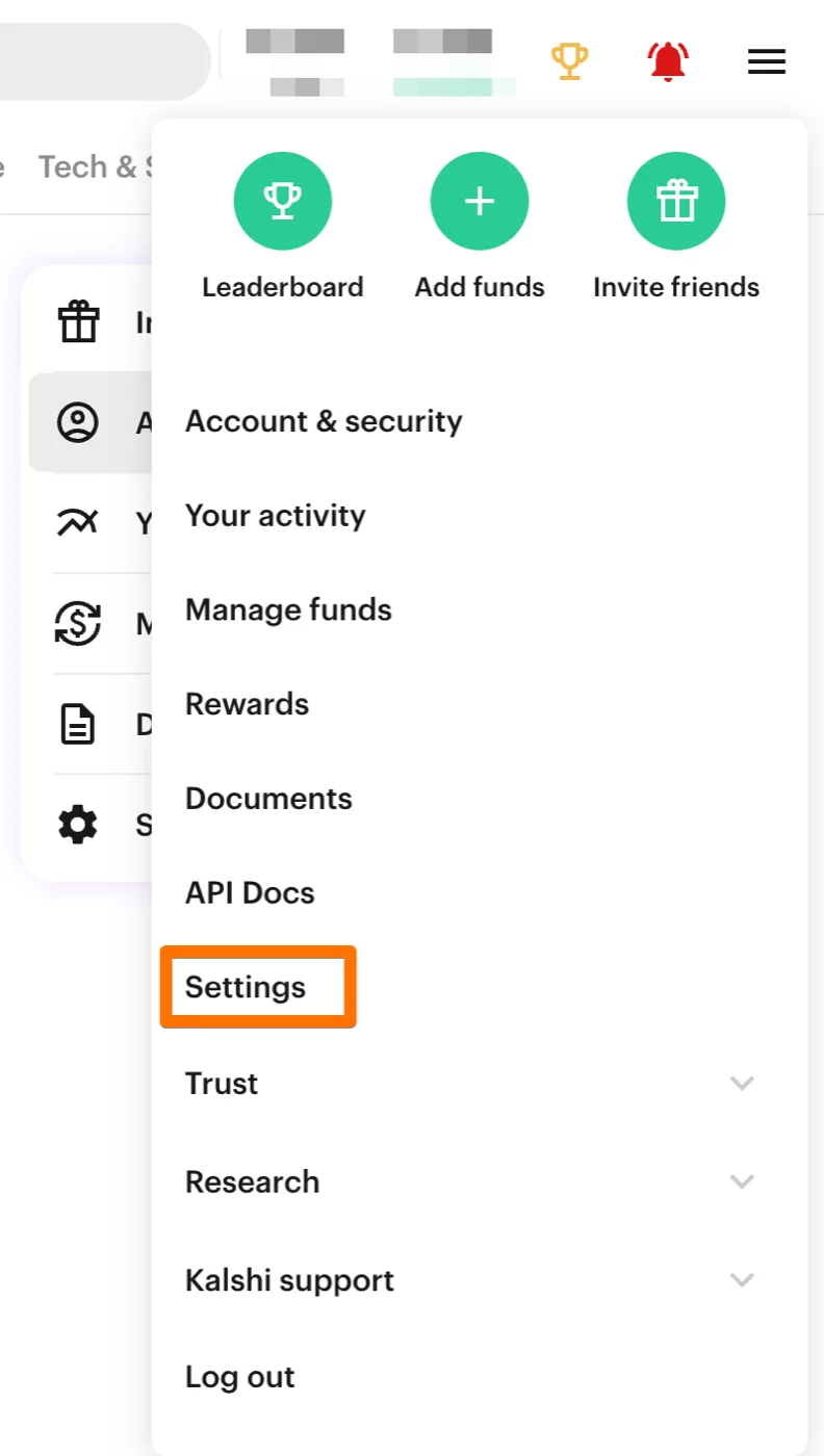 Kalshi account menu with Settings highlighted