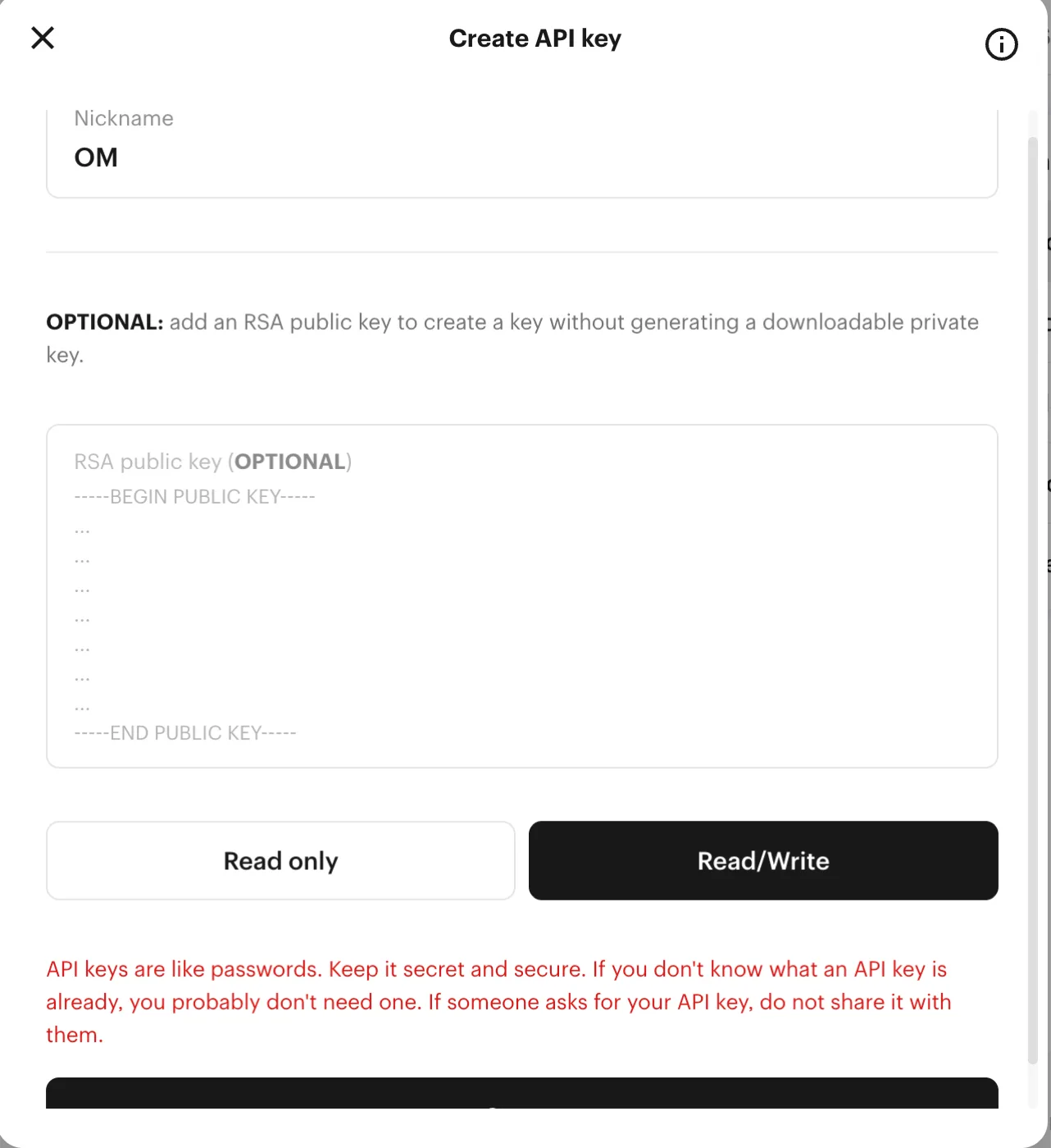 Kalshi Create API key dialog with Nickname OM and Read/Write selected