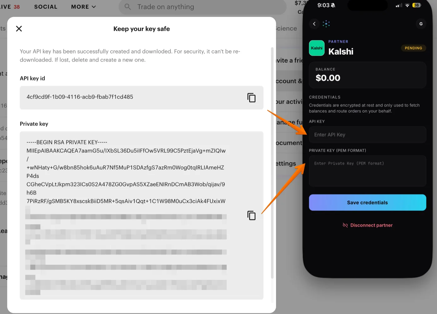 Kalshi key reveal modal with arrows pointing to the OpenMarkets API Key and Private Key fields