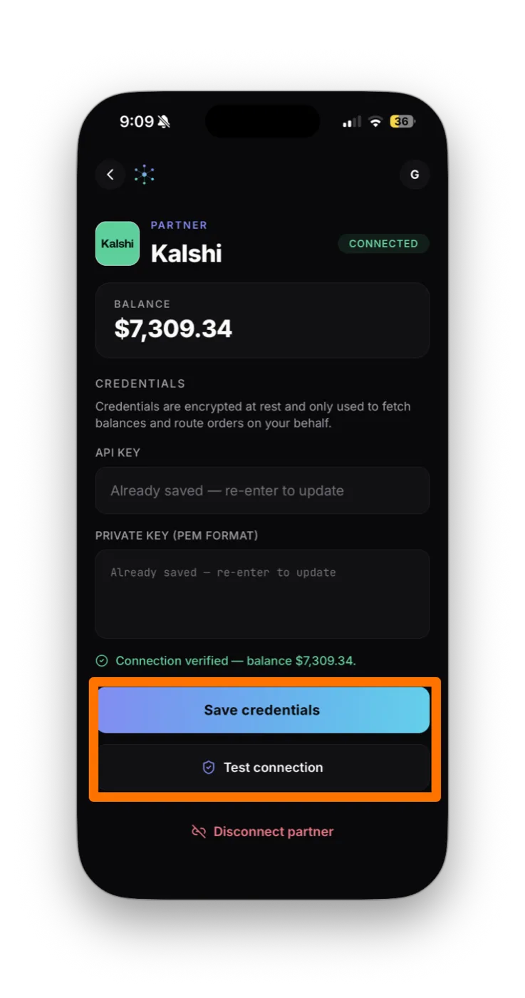 OpenMarkets Save credentials and Test connection buttons highlighted; balance shown