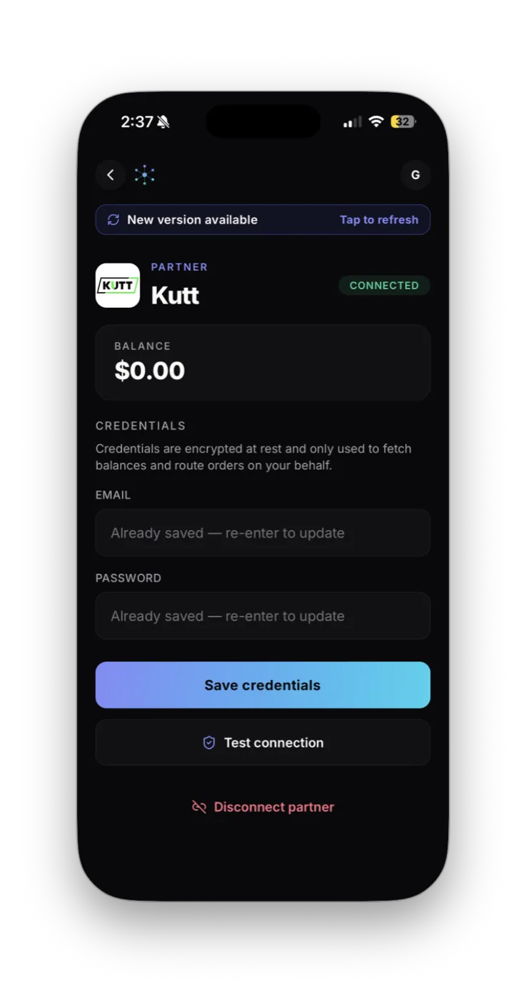 Kutt connect form with empty Email and Password fields