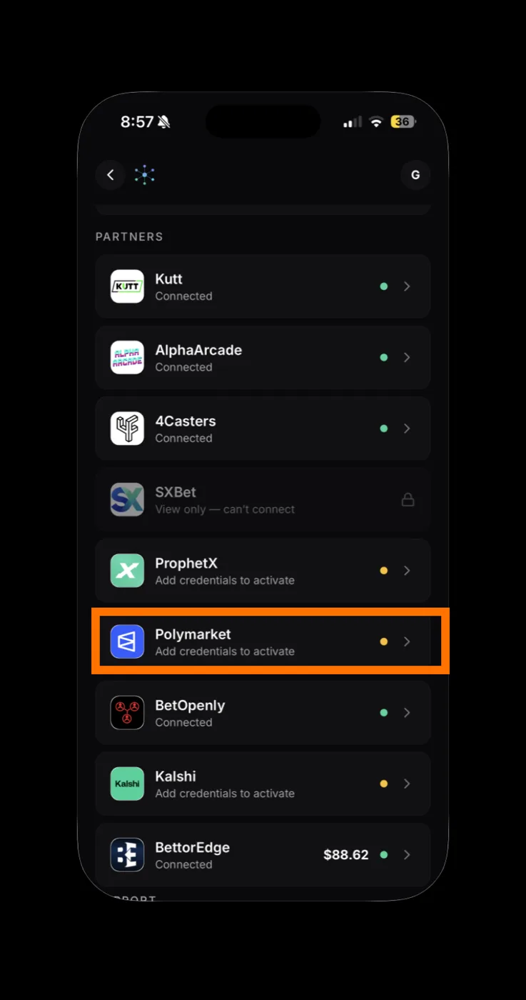 Polymarket row in the partners list