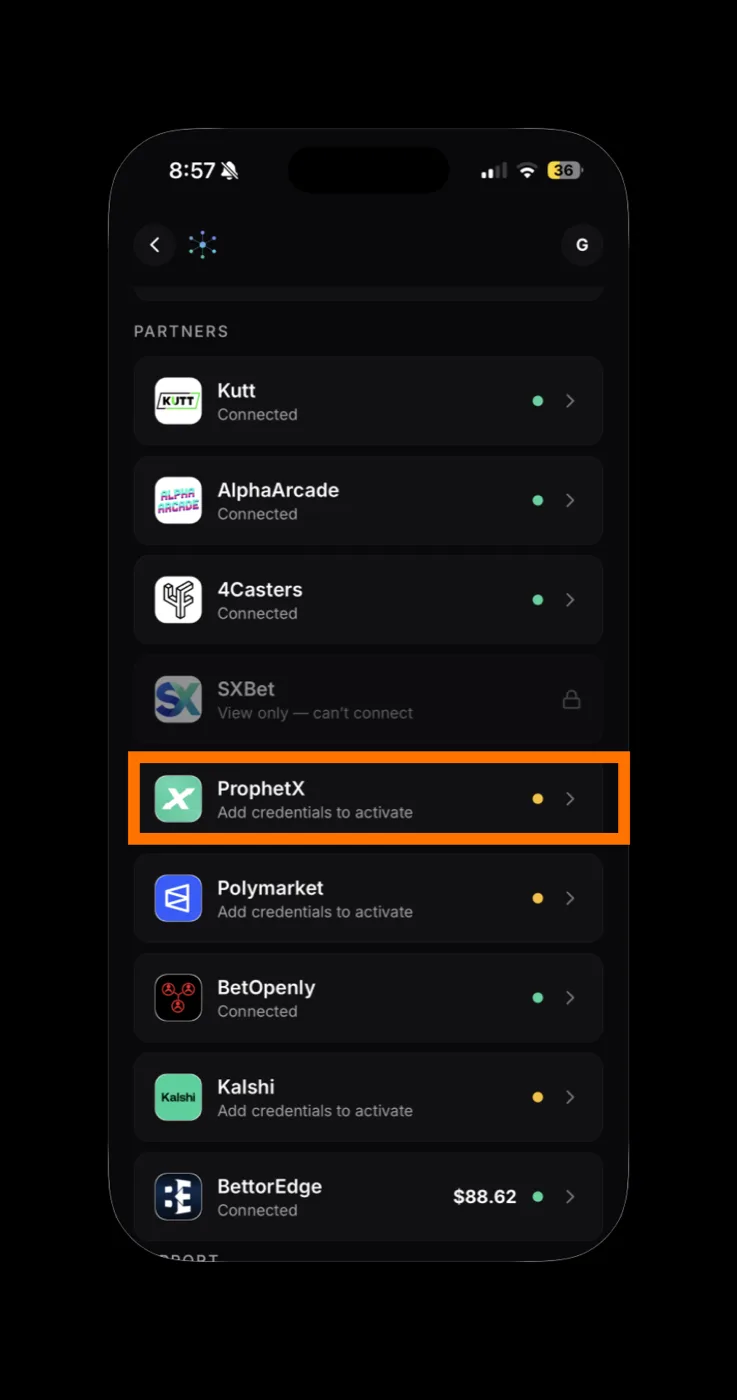 ProphetX row in the partners list