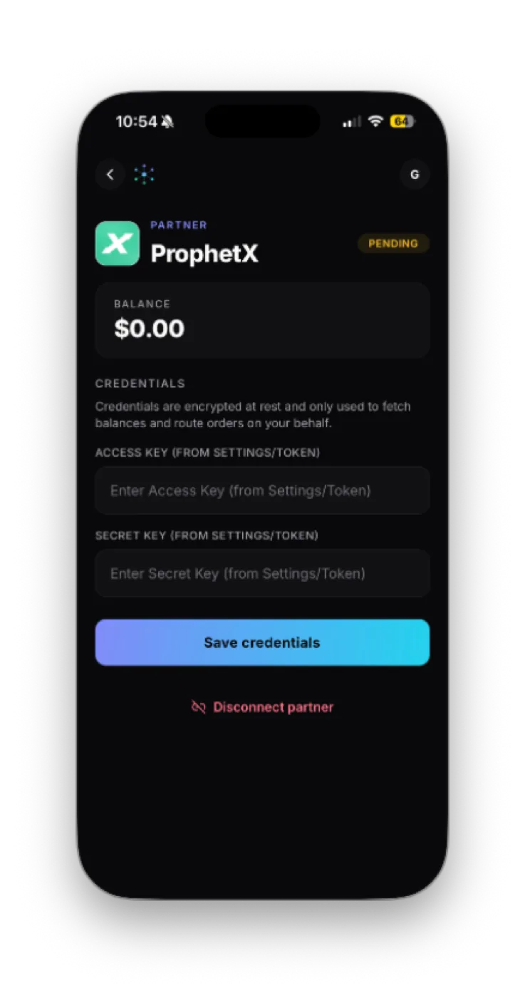 ProphetX connect form with empty Access Key and Secret Key fields